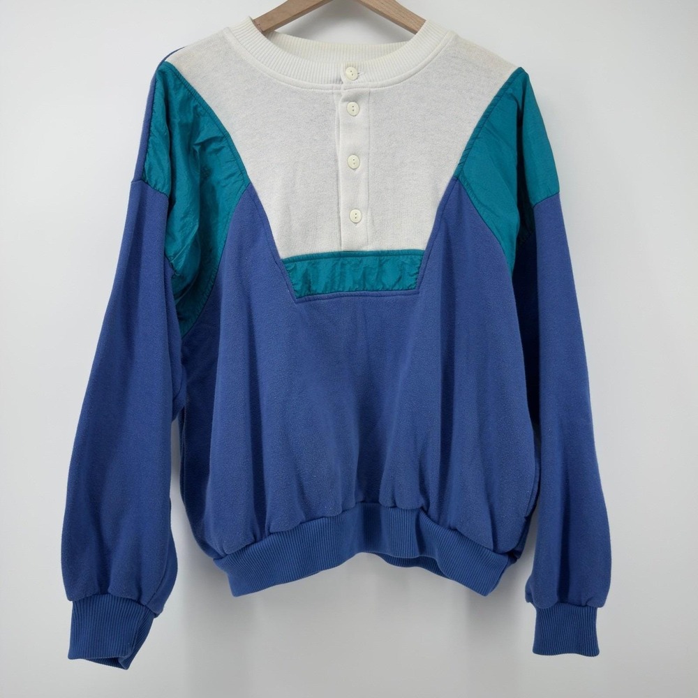 Vintage‎ Vizor Color Block 1/4 Button Pullover Sweatshirt Blue Women XL Pockets